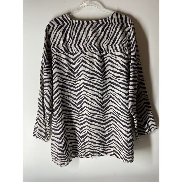 Tahari Brown White Zebra Print 100% Linen Long Sleeve Button Down Blouse Size 2X - Picture 4 of 4
